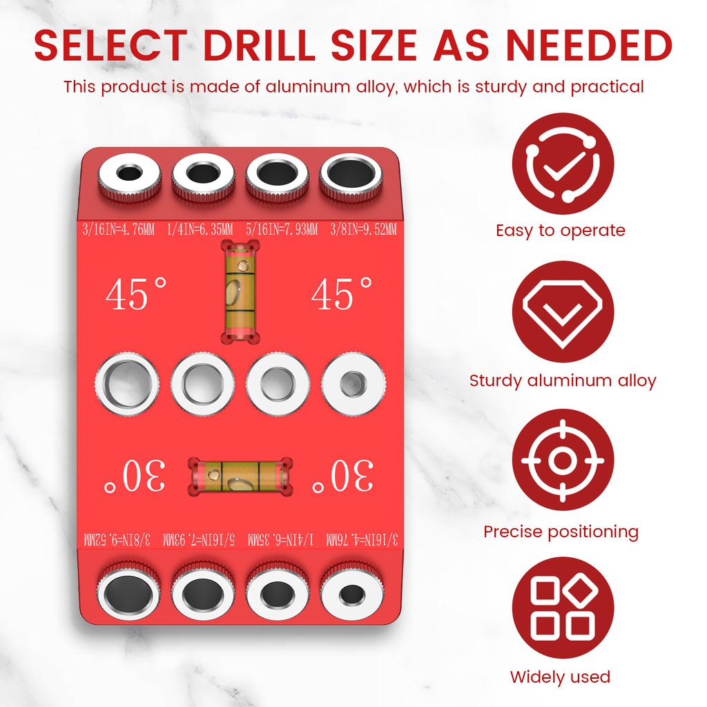 30 45 90 Degree Angle Drill Guide Jig Aluminium Alloy Angled and Straight Hole Drill Guide with 4 Bits for Wood Post Furniture