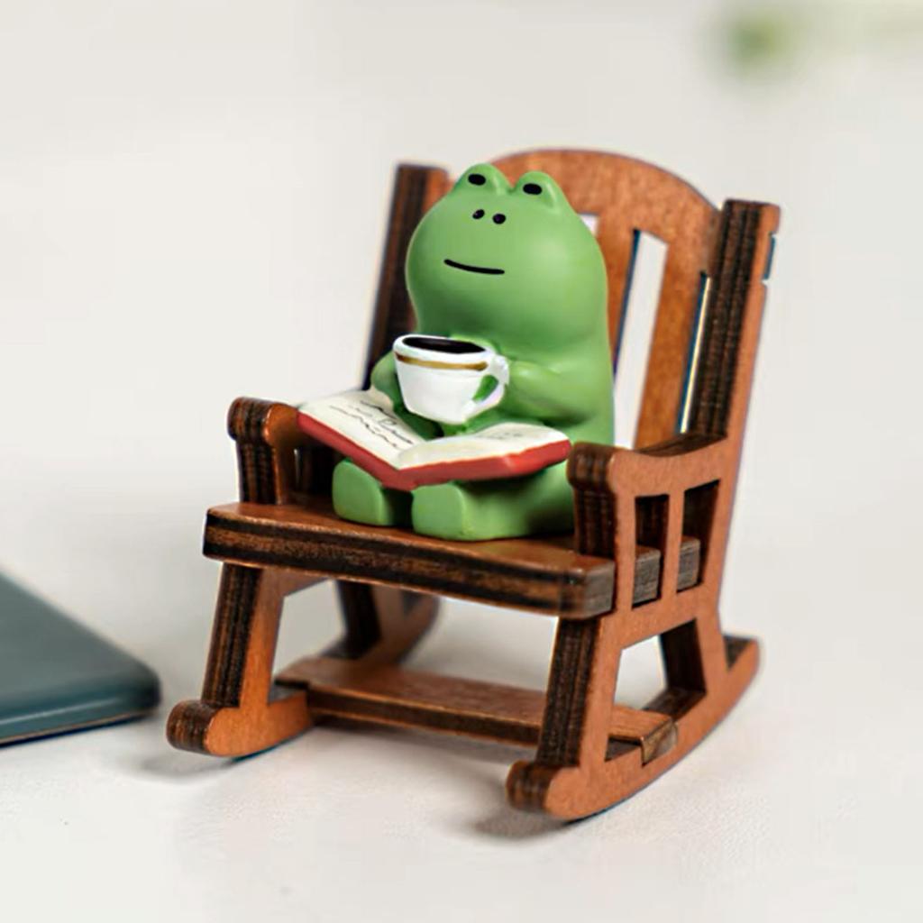 Coffee Frog with Rocking Chair Resin Figurine Miniature Desk Decors Ornament For Home Office Garden Landscape Decoration