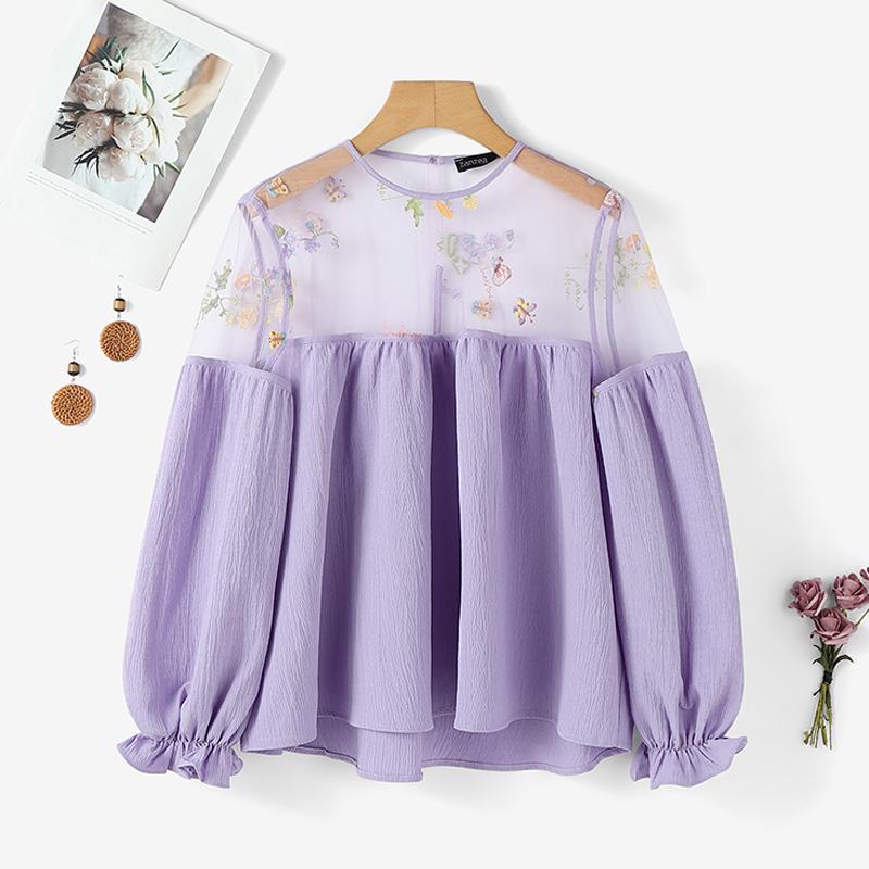 ZANZEA Women Perspective Mesh Splice Round Neck Long Sleeve Casual Blouse
