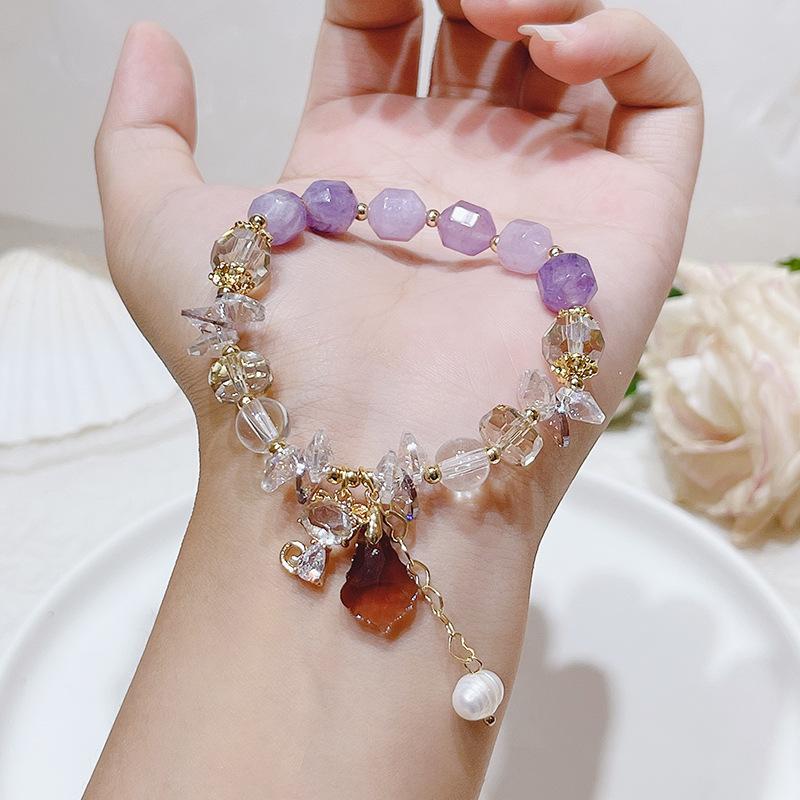 Women Diamond Crystal Candy Color Lucky Cat Pendant Bracelet
