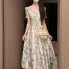 New summer waist shows first love, holiday style travel floral dress, children's French square collar oil painting dress