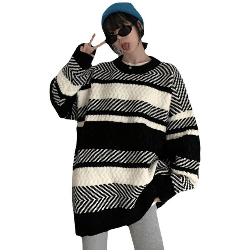 Striped sweater women's autumn and winter loose pullover lazy wind wear thin knitted sweater top chic early autumn coat