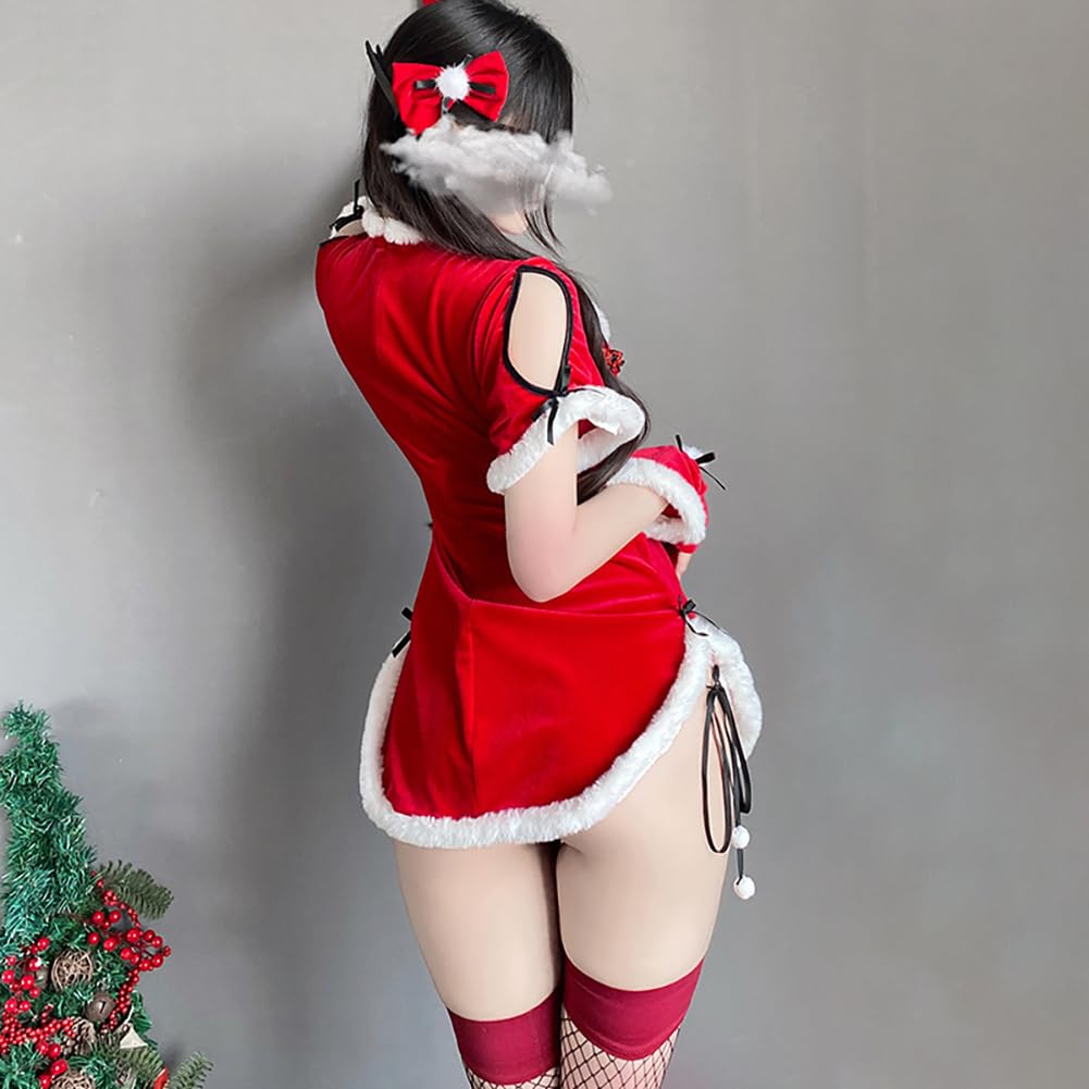 Sexy Cheongsam Christmas Santa Cosplay Dress with Mini Skirt and Erotic Extremely Appealing to with CXH609 [TYYRBMG] Babydoll, 5-Piece Set, Costume,