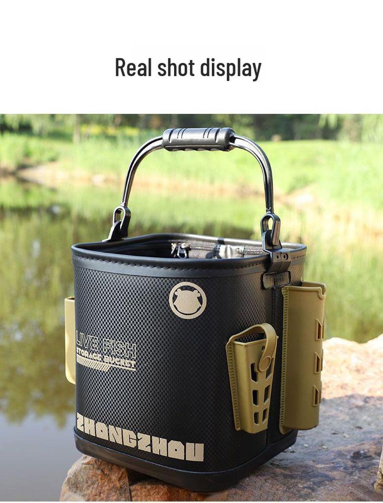 Foldable Multi-Purpose EVA Fishing Bucket: Portable Live Fish Keeper and Lure Container for Outdoor Use.