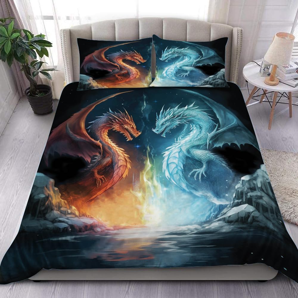 Fire Dragon Duvet Covers For Kids Teens Queen King Size Lightweight Quilt Covers Mythical Animals Pattern Bedding Set Room Decor