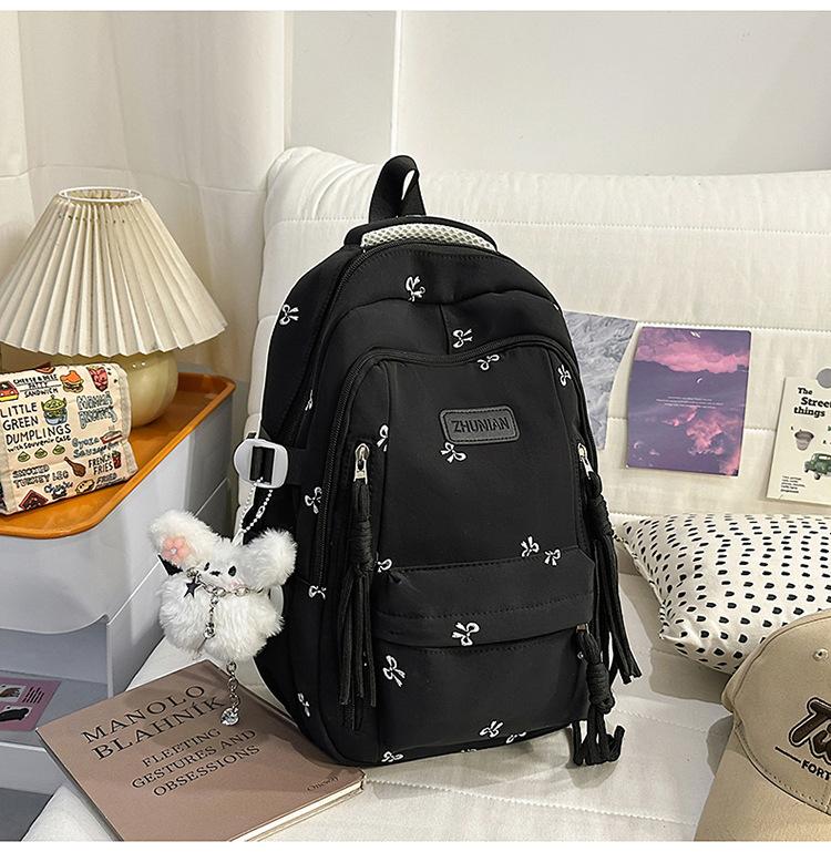 Schoolbag Cute Bow Embroidered Backpack Female Student Backpack Large Capacity Plush Pendant Elementary School Student Junior School Bag