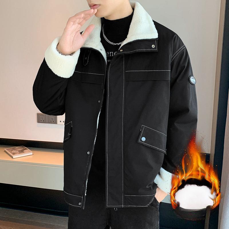 Autumn and Winter Men's Lapel Lamb Fleece Padded Jacket Thick Padded Jacket Jacket Casual Tooling Fur Collar Top
