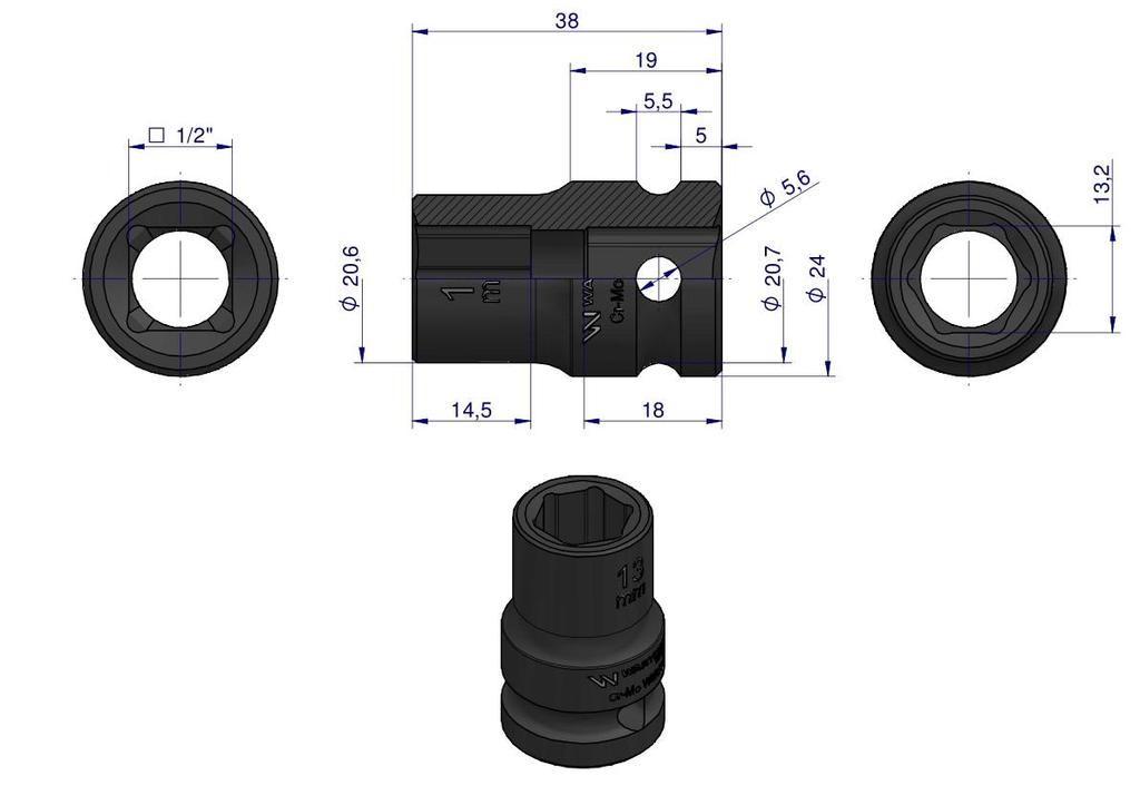 Nasadka Udarowa Sześciokątna 1/2". 13 Mm. Crmo. Din 3129. Waryński