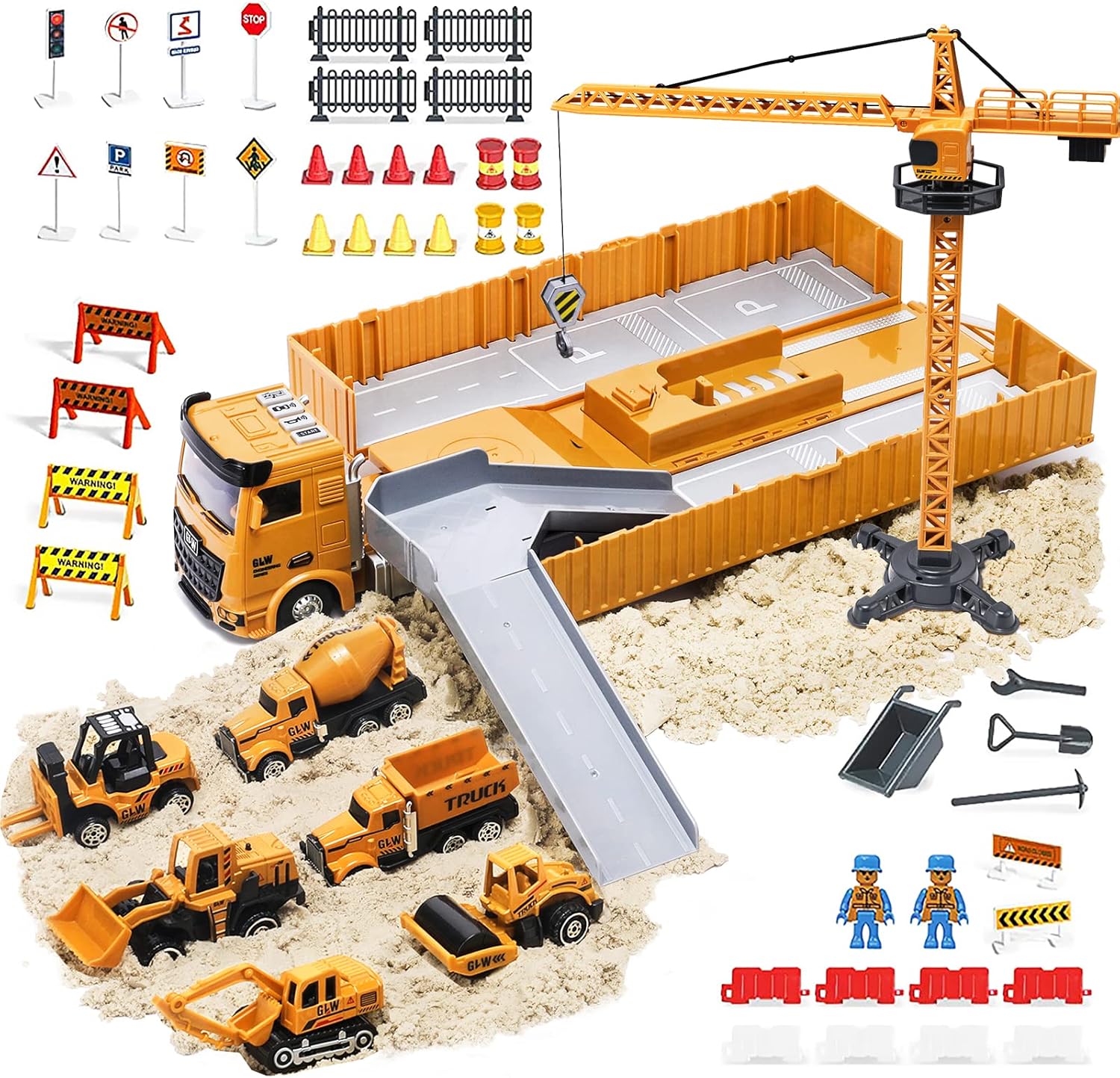 Construction Site Vehicles Toy: Crane, Truck, Excavator, Mixer, Garage. With Music & Lights, 360° Rotation. For 3-8+ Years Boys, Ideal Boy Gift