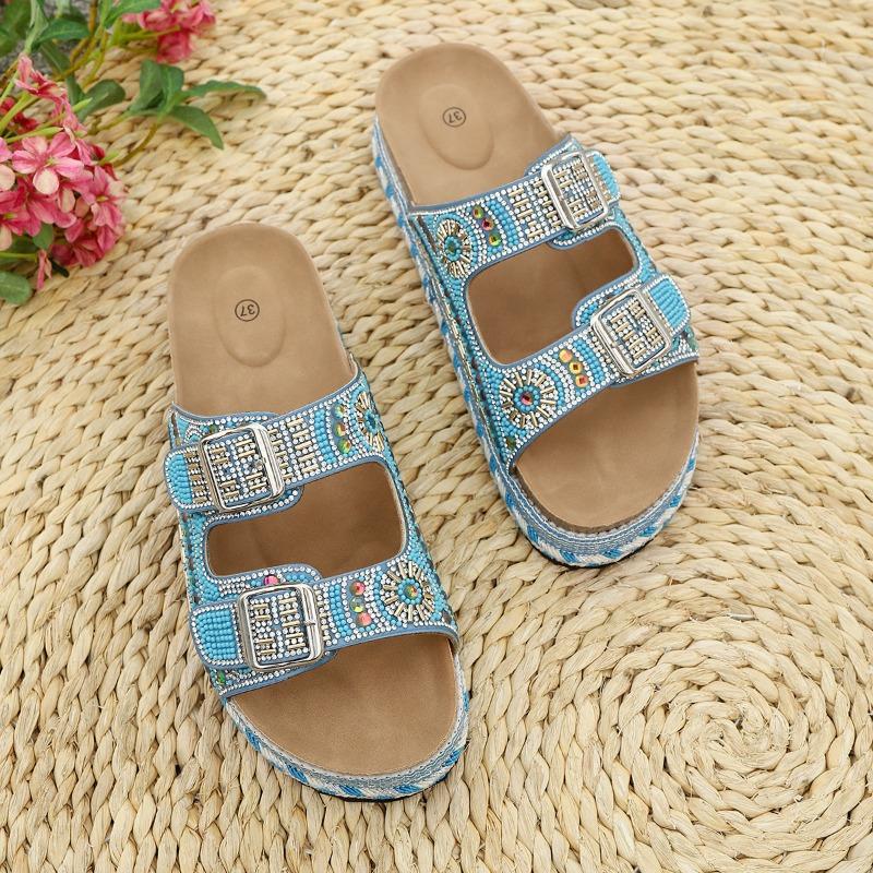 

Summer rhinestone muffin thicksoled slippers new outer wear large size belt buckle cool slippers women 36 небесно-голубой