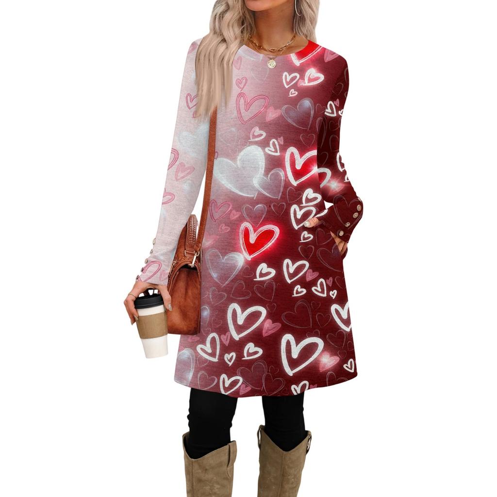 Women's Fashion Casual Pocket Decorative Button Dress Round Neck Long Sleeve Printed Dress