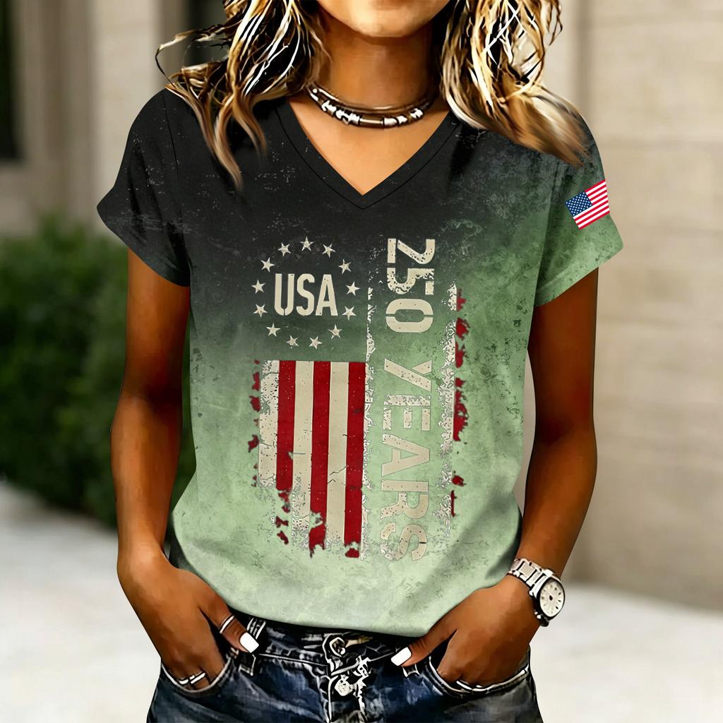 Women’s V Neck Short Sleeve Casual Letter Print T Shirt Top with USA 250 Years Graphic for Everyday Wear