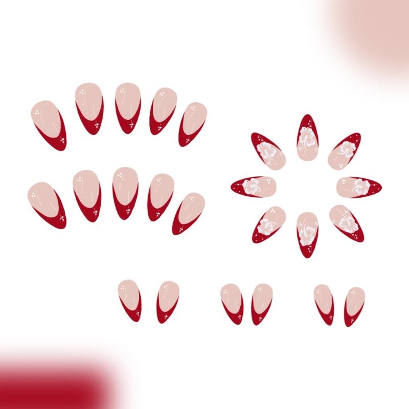 24 stuks Bloemen Plaknagels Amandelvorm Franse Tip Kunstnagel Glanzende Acrylnagel Plaknagel voor Festival en Dagelijks Gebruik