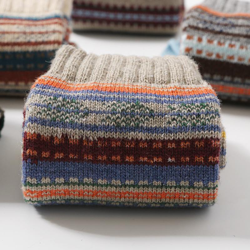 5/10 Pairs Comfortable Casual and Versatile Autumn Winter Thickened Warm Rabbit Wool Socks for Women: Retro Striped Mid Calf Cotton Socks