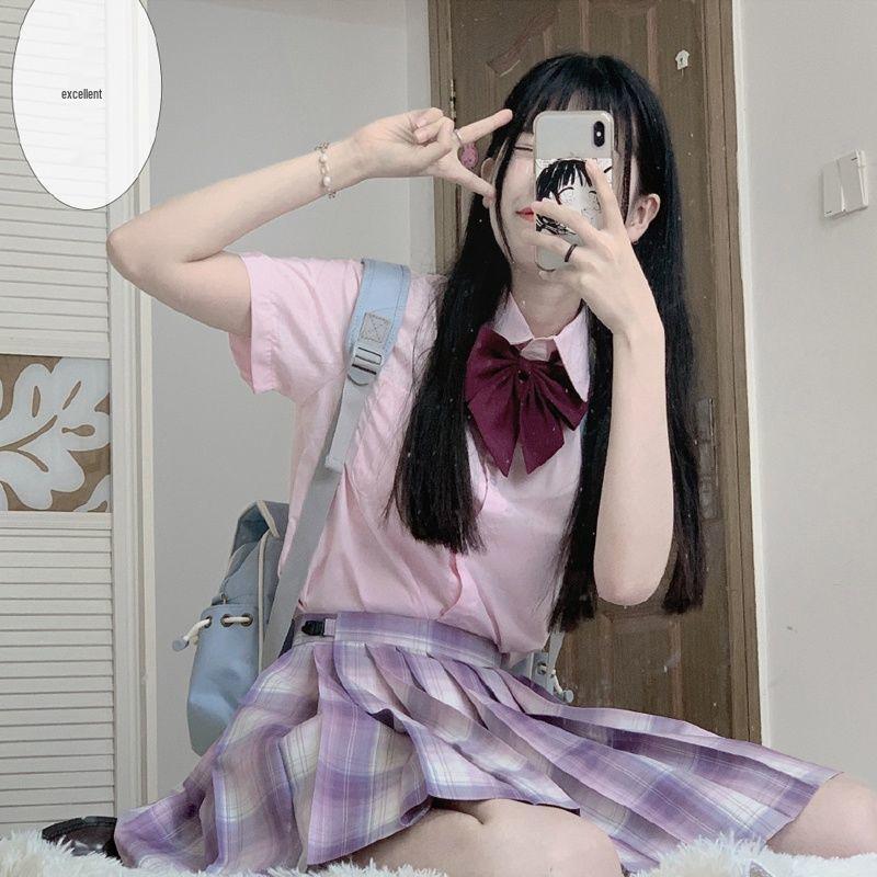 

Женская розовая рубашка JK с коротким рукавом и острым воротником - стиль японской школьной формы для весны/лета XL