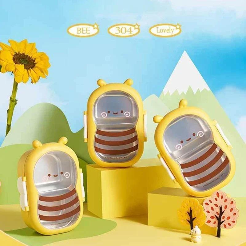 Roztomilý design včelky Malá svačinová krabička pro děti Přenosná Dvě přihrádky Nerezová ocel Uzavřená Nepropustná Bento krabička Školní nádoby na jídlo