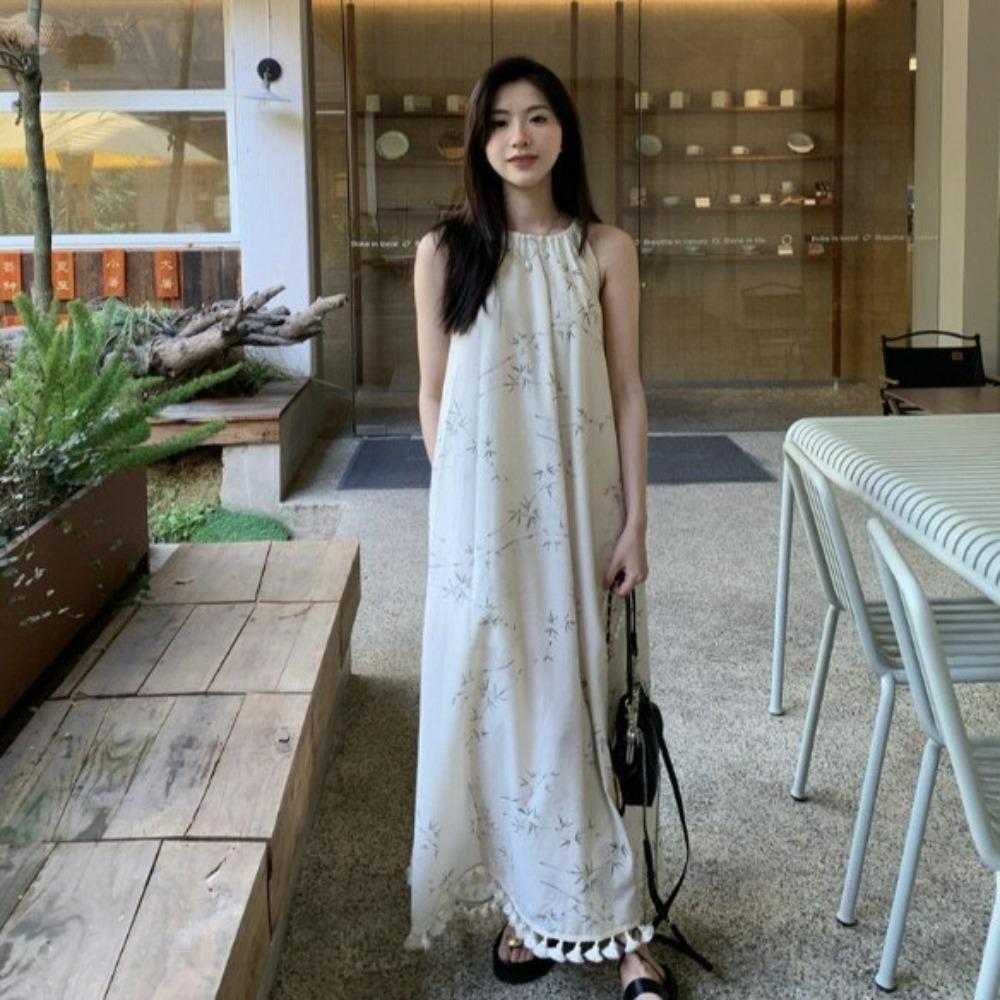 A-line Sleeveless Long Dress Loose Beach Vacation Sundress Floral Skinny Strap Dress  for Girls