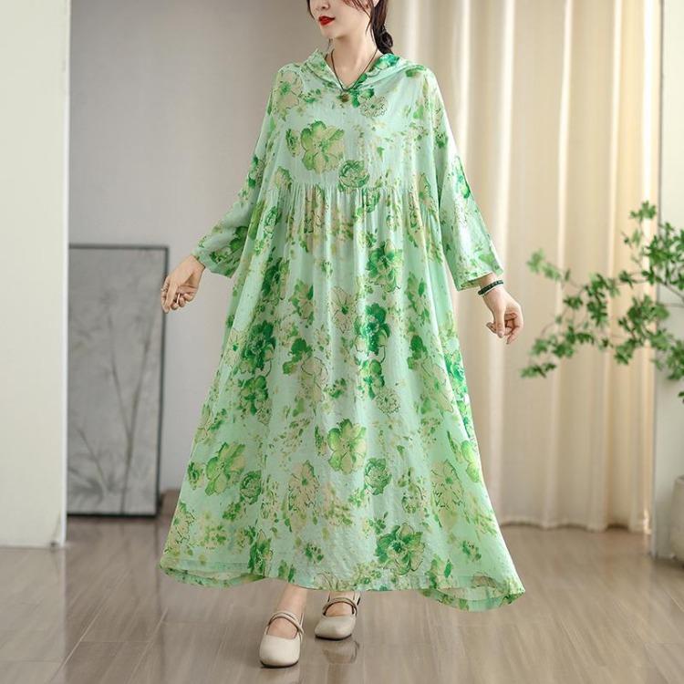 Women Plus Size Floral Print Maxi Dress Casual Loose Long Sleeve O Neck Oversize Long Hat Dress 8109