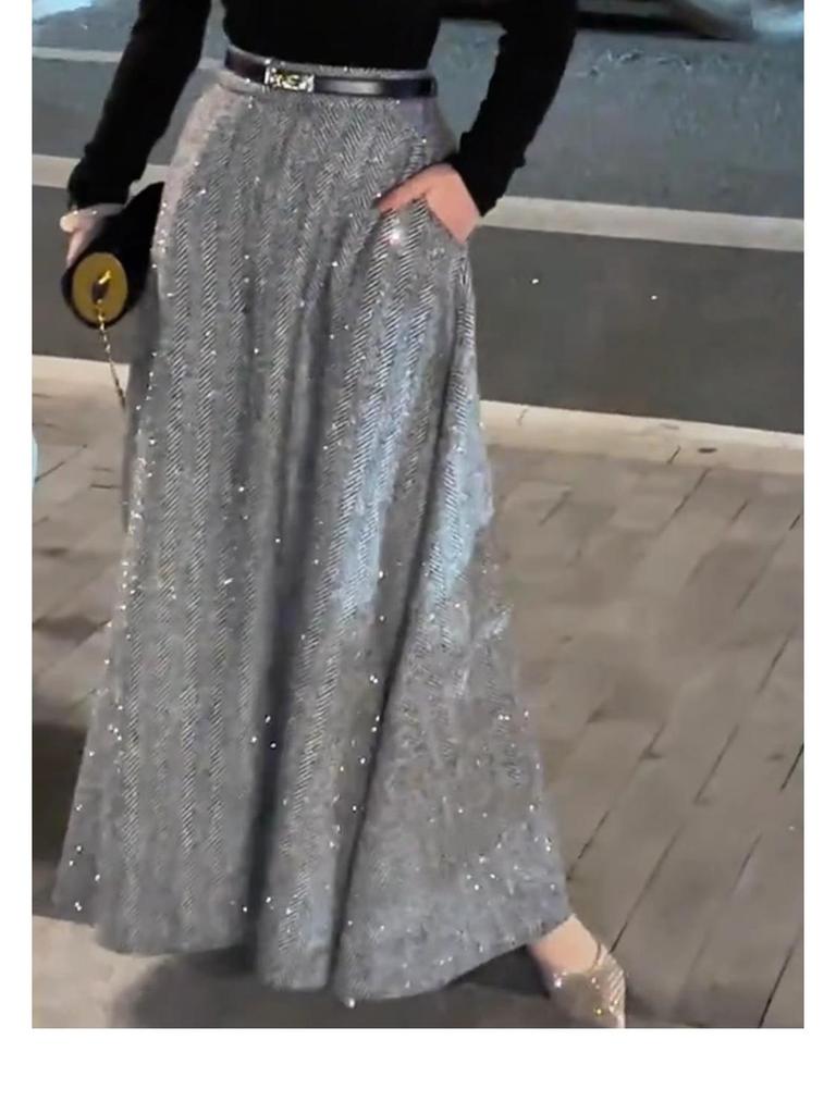 Gray High-Waisted Wool Blend Midi Skirt with Highlight Pocket Print for Women