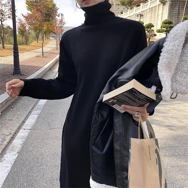Casual Thicken Warm Women Knitted Dress Full Sleeve Loose Turtleneck Female Sweater Dresses Autumn Winter Vestidos