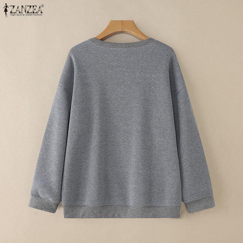 ZANZEA Women Casual Round Neck Long Sleeve Autumn Print Pullover Tops
