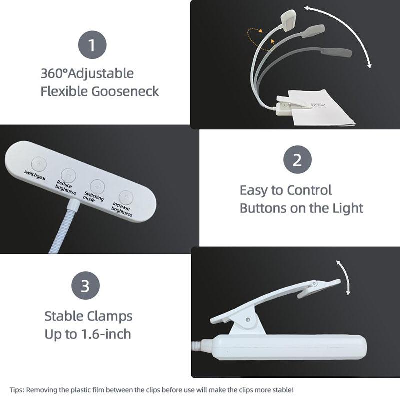 Clip-On Small Book Light/Night Reading/Lighting Color Adjustable/360 ° Flexible Swivel Gooseneck/Bedroom/Dormitory/Car Interior