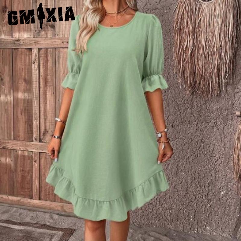 GMXIA Women's Fashion Summer Spring Solid Color Print O-Neck High Waist Casual Dresses