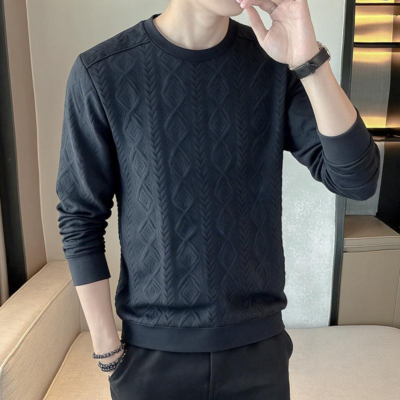 New Autumn and Winter Men's Hatless Sweatshirt Round Neck Pullover Jacquard Versatile Knitted Top Loose Long-sleeved Base Shirt Men