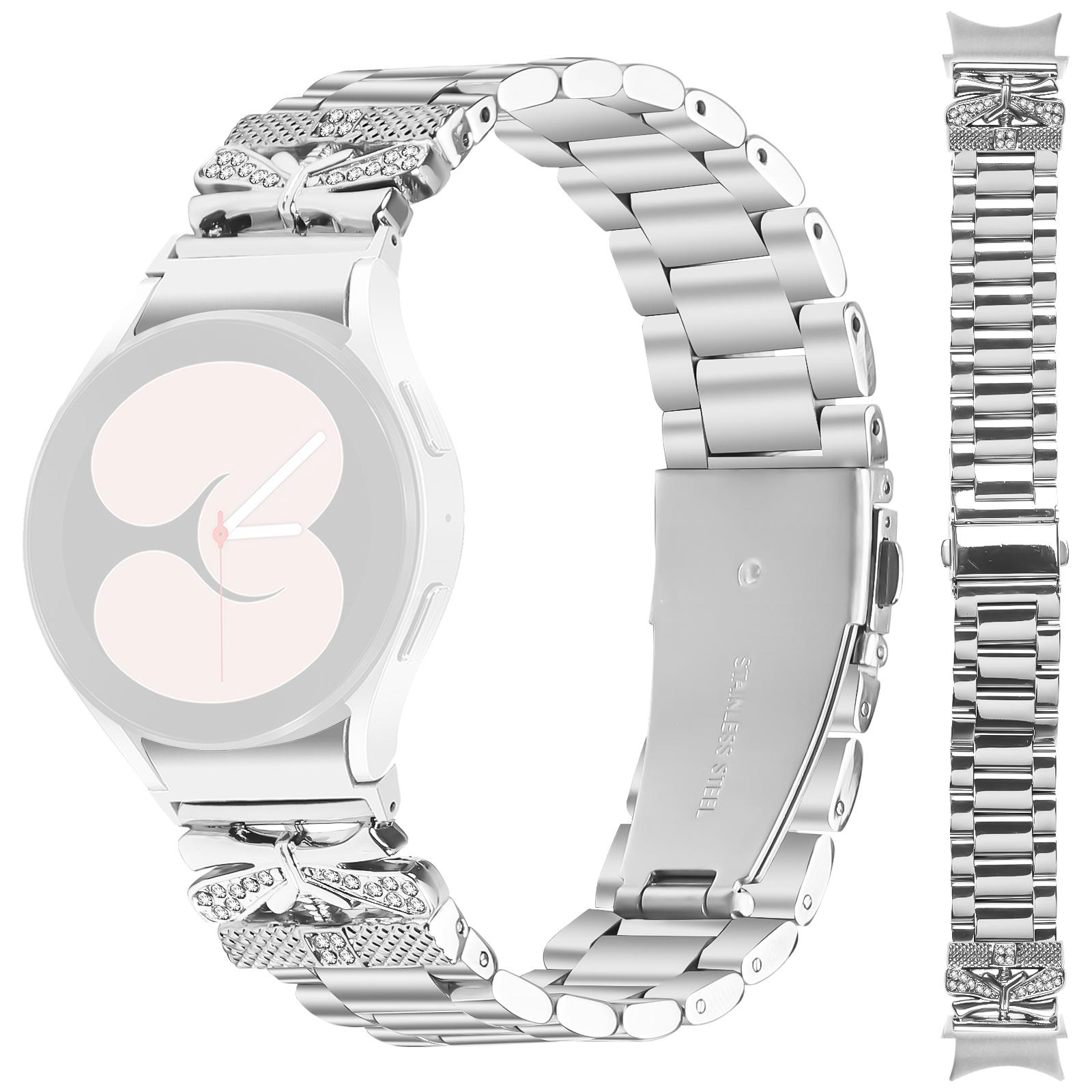

Металевий ремінець з конектором для Samsung Galaxy Watch6 40мм/44мм/Watch6 Classic 43мм/47мм, срібний ремінець для годинника з декором з метеликів та стразів As Shown A