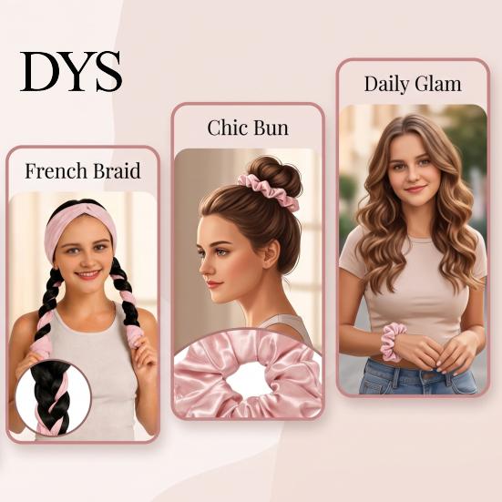 Heatless Curling Ribbon 2-in-1 Headband for Women, Overnight Hair Curlers with 2 Scrunchies Sleep, Flexible No Damage Wraps Rods Curls, Heat