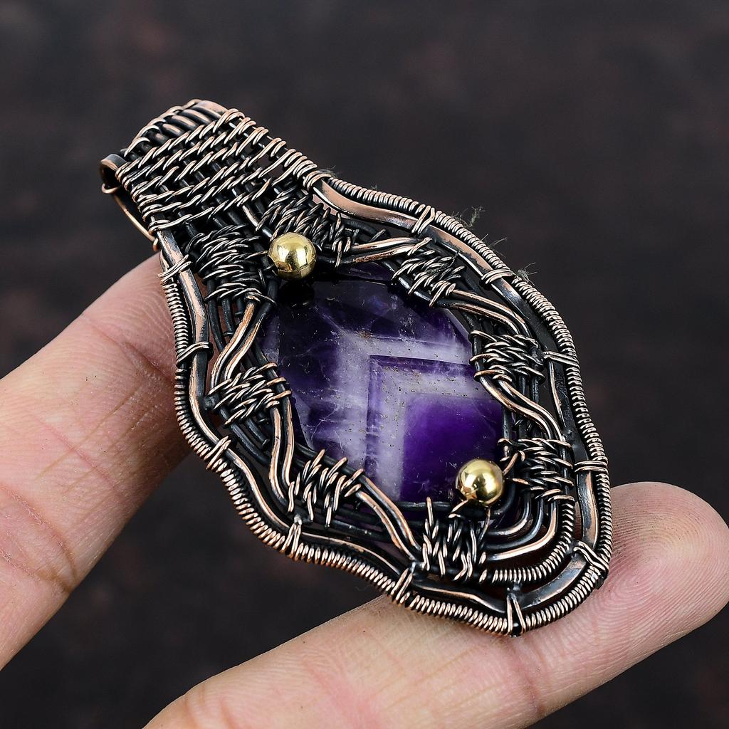 Chevron Amethyst Pendant Copper Wire Wrapped Pendant Ethnic Style Pendant Handmade Jewelry Gift For Mom Gemstone Pendant Copper Wire Jewelry