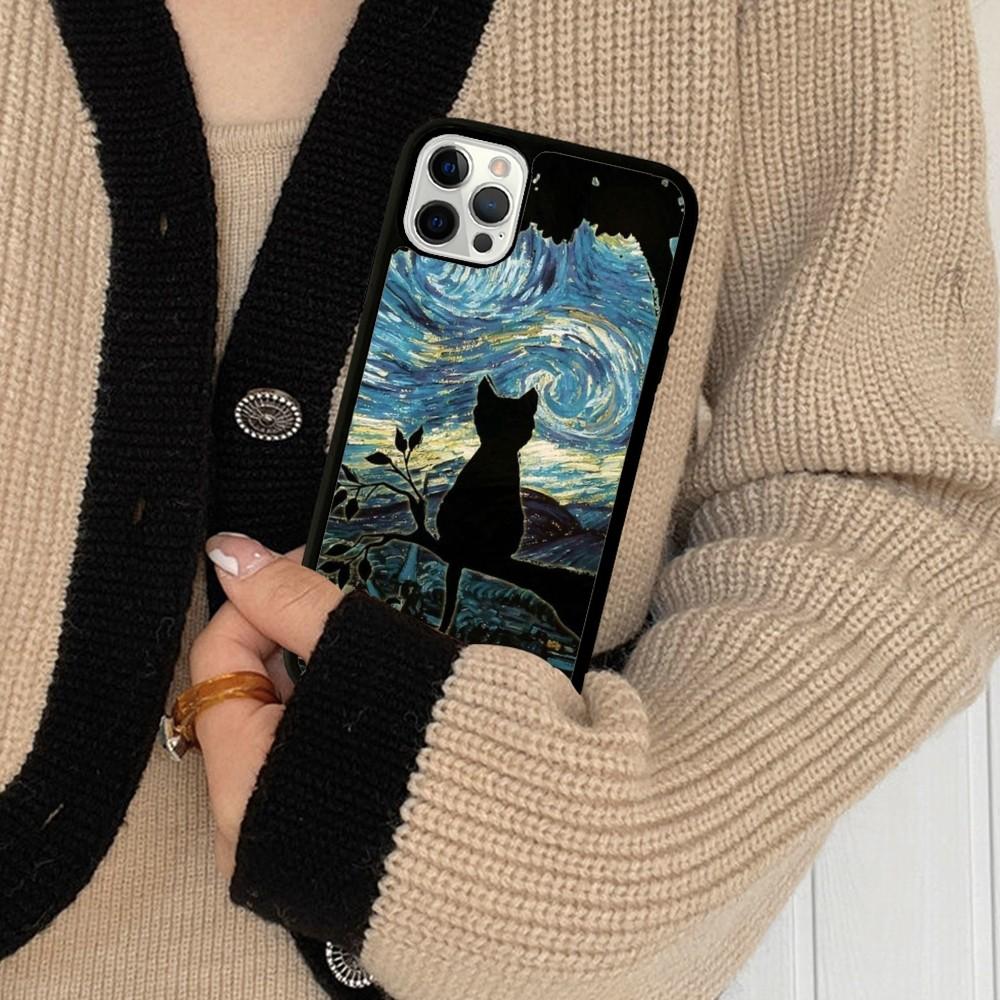 Cartoon Animal Black Cat Oil Painting Phone Case Silicone PC+TPU For For iPhone  11 12 13 14 15 16 Plus Pro Max Cover