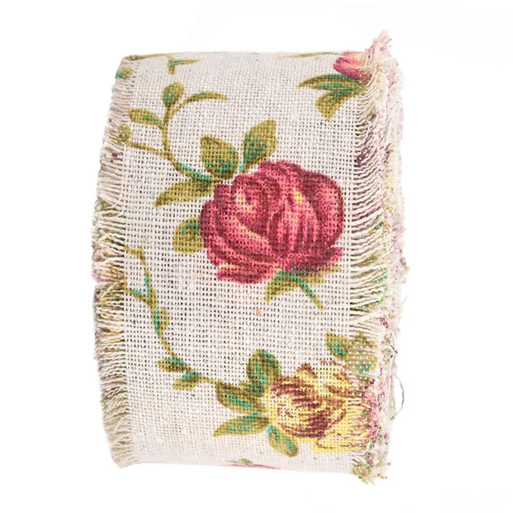 DIY Printed Rose Flower Burlap Ribbon Hessian Jute Belt Strap Wedding Cloth Decoration 10m