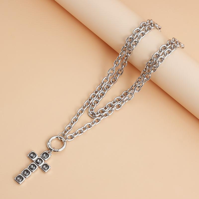 Punk Hip Hop Black Zircon Cross Pendant Double Layered Necklace for Women Men Trendy Metal Long Necklaces Gothic Neck Jewelry