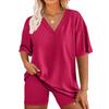 Women's Loose Fashion Solid Color Split V-Neck Short Sleeve Top Shorts Two Piece Set
