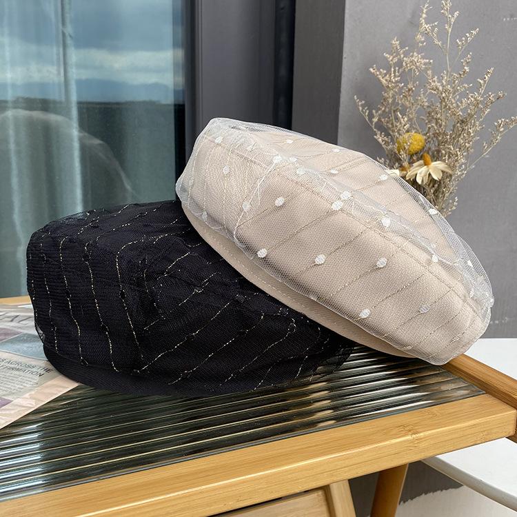 

Pure Lace Polka Dot Mesh Beret Women S Big Head Circumference Shows Small Temperament Painter Hat Spring And Autumn Versatile Bud Hat M（56-58cm） чорний