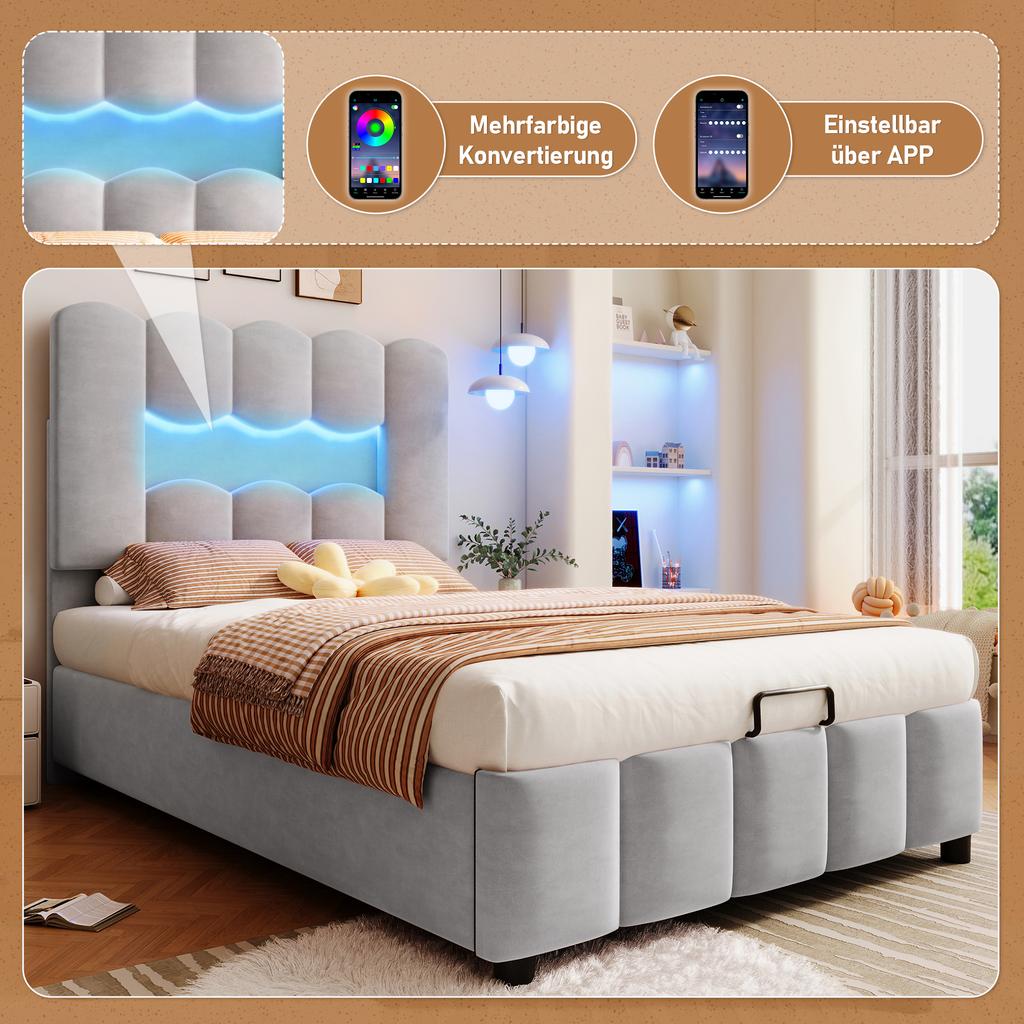 Upholstered Bed, 90 x 200 cm, without Mattress, LED Lighting, with Hydraulic Mechanism, Adjustable Headboard, Velvet, Gray