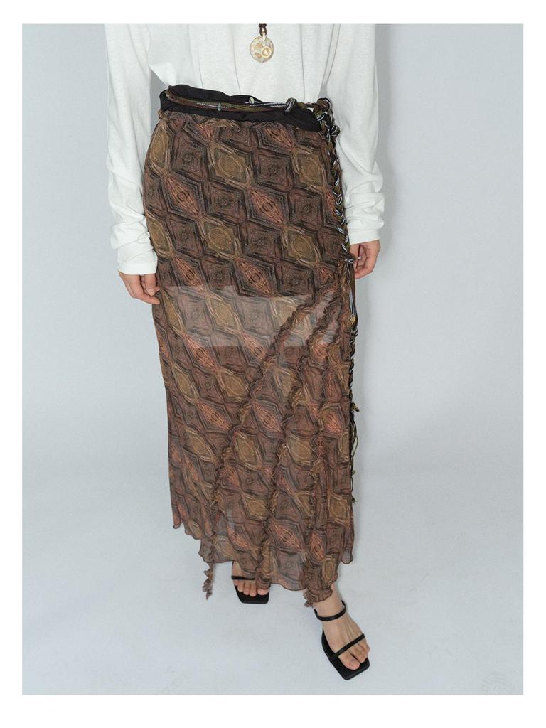 [Shishi] Women's Geometric Print Bias-Cut Long Dress with Ruffle Trim V8039