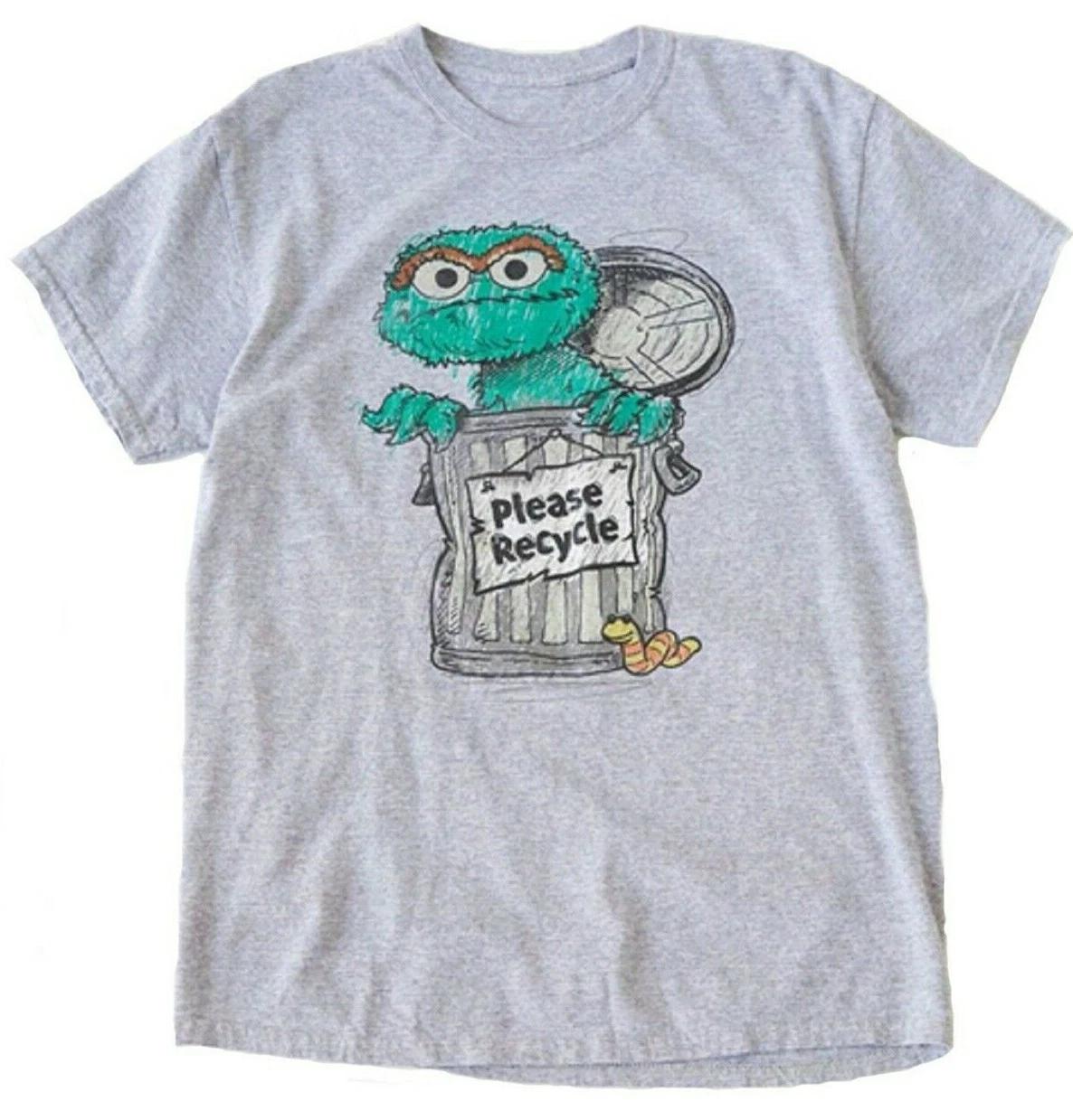Sesame Street Oscar the Grouch  Please Recycle  Gray Men s T-shirt NWT S