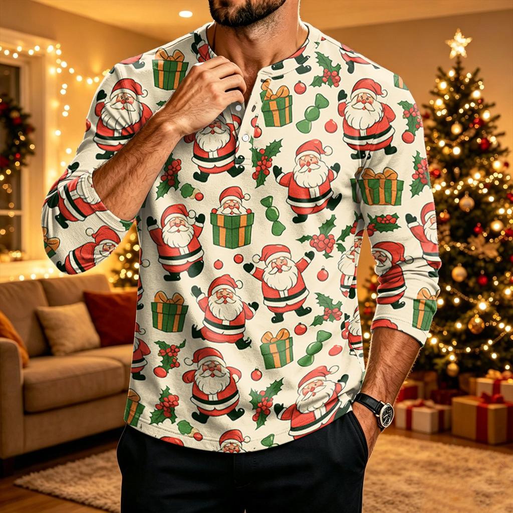 Men's Christmas Long Sleeve Shirt with Printed Design