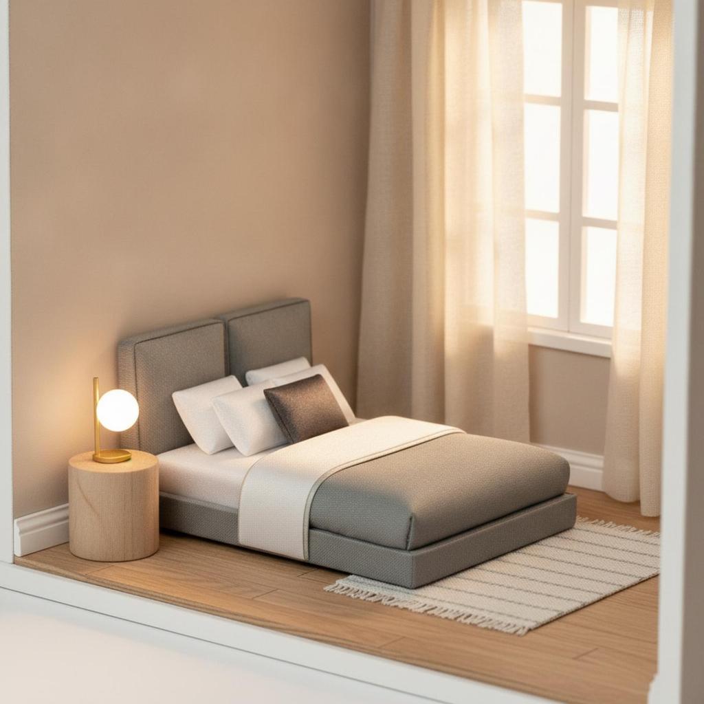 Miniature Double Bed Compact with Bedding Dollhouse Set