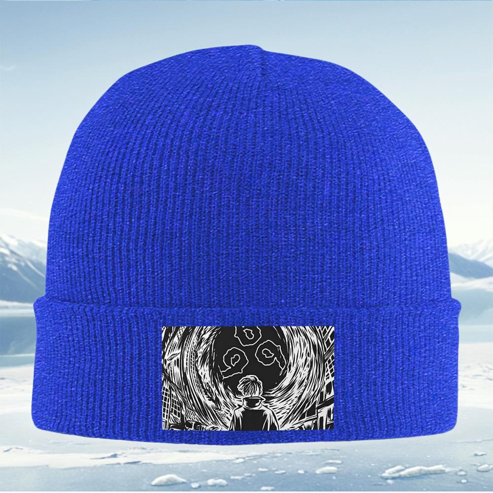 Figure swirling black shapes circles white. Men Women Unisex Knitted Hat Beanie Pullover Cap Winter Thermal Warm Christmas Outdo