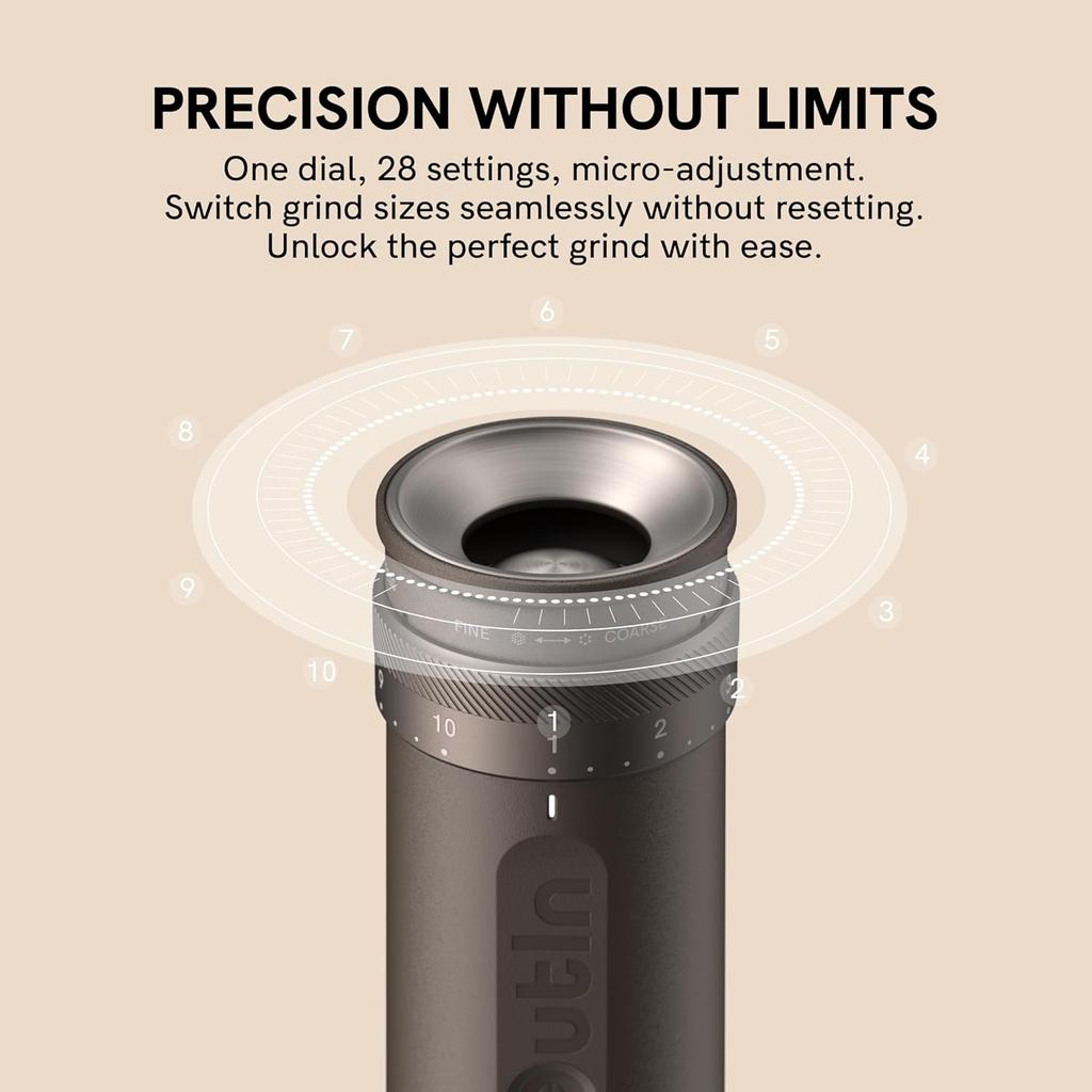 Fino Portable Electric Coffee Grinder, 28 Grind Settings, One-Button Burr Grinder with Fast-Charge Battery, Auto-Stop & Clog Pro