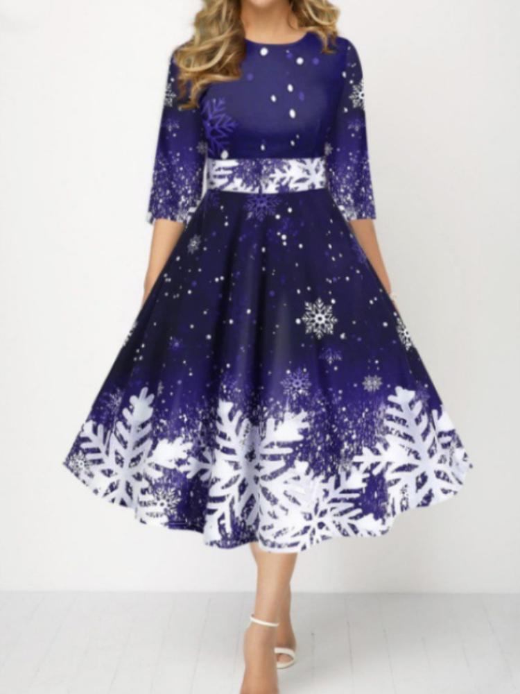 

Рождественская женская мода Персонализированное платье с принтом снежинок, с рукавом средней длины, приталенное 4XL темно-синий
