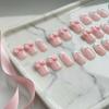 24Pcs Pink Bow Women Press on Nails, Faux Pearl Almond Stick-on Fake Nails, French Tip Glue on False Nails for Office Date Party Wedding