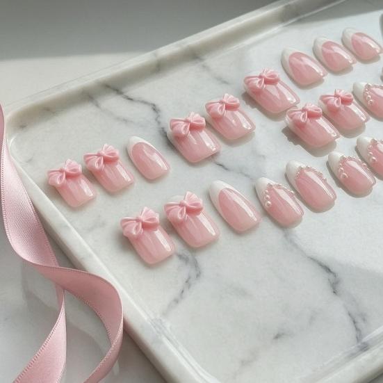 24Pcs Pink Bow Women Press on Nails, Faux Pearl Almond Stick-on Fake Nails, French Tip Glue on False Nails for Office Date Party Wedding