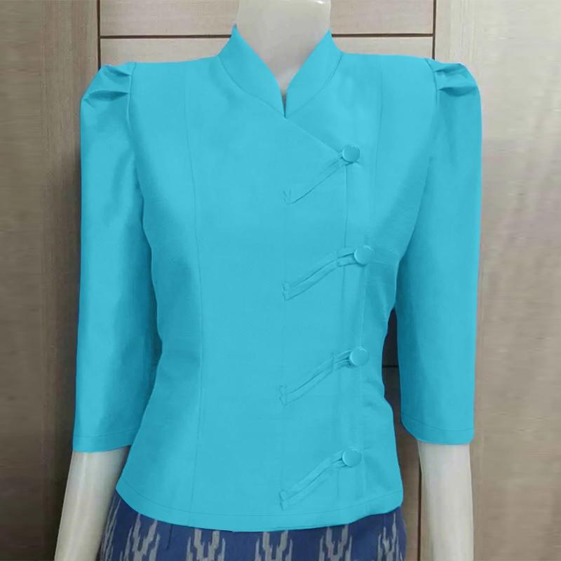 

ZANZEA Женская повседневная блузка с воротником-стойкой и рукавами 3/4 5XL синий