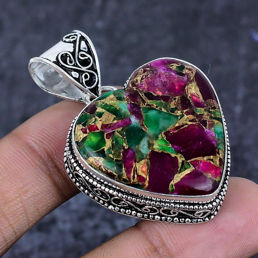 Natural Copper Ruby Zosite 925 Sterling Silver Jewelry Pendant 1.85" ETC-13882