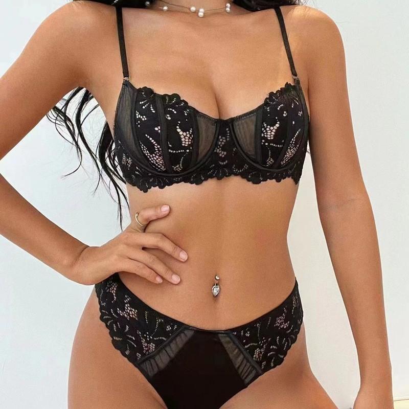 French lace bra ultra-thin large chest small underwear women's anti-sagging steel ring upper support sexy bra