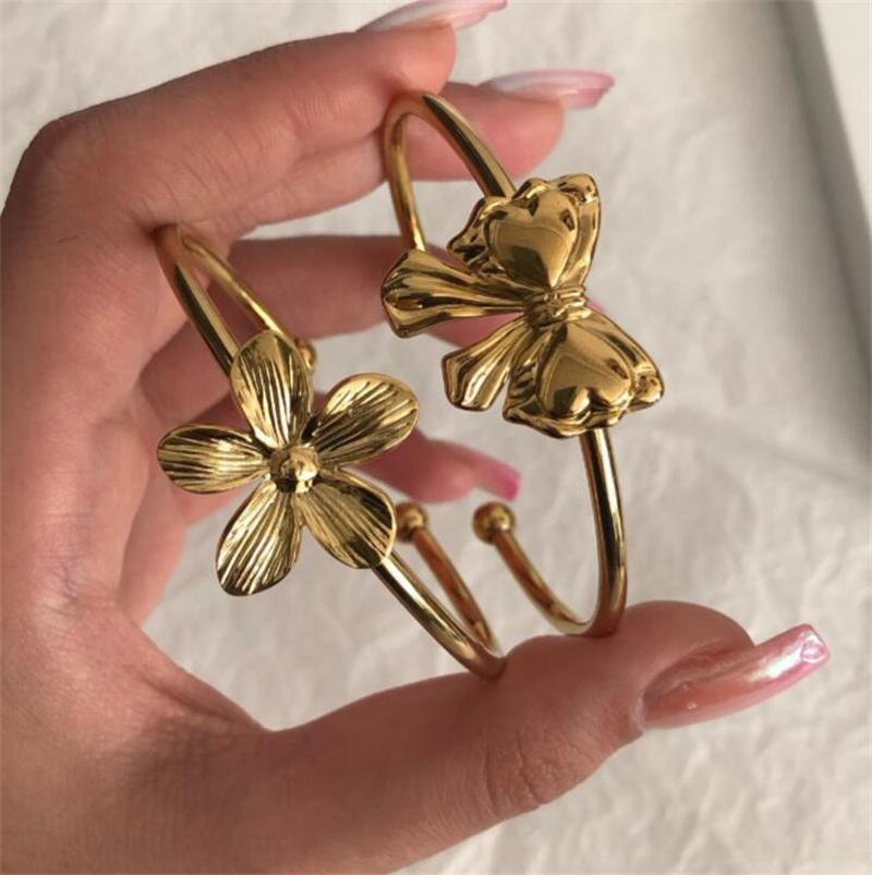 5 Piece/Set Fashion Bold Chain Bracelet for Women Trendy Gold Bow Color Flower Open Bangle Party Jewelry Accessories